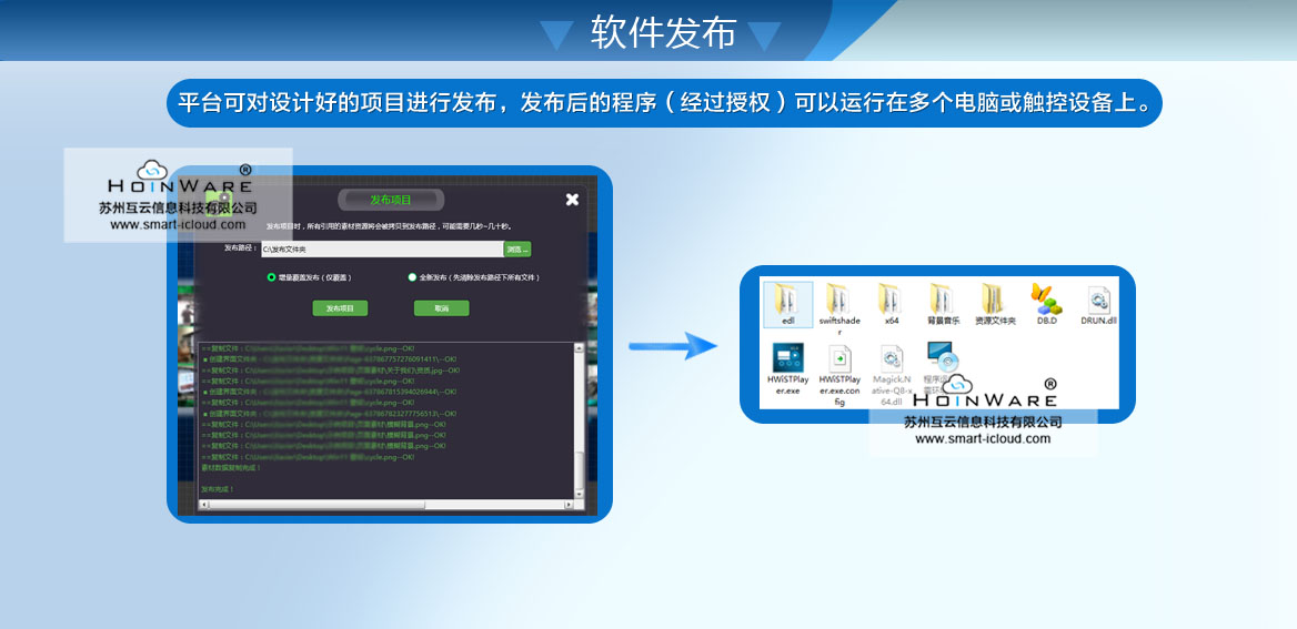 可对设计好的界面进行一键发布，发布时会自动打包所有资源文件，将发布后的软件包拷贝到其他电脑，一键自动安装和部署